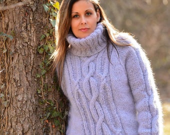 Turtleneck Sweater, Hand Knitted Jumper, Cable Gray Pullover, Fuzzy and Fluffy Jersey by Extravagantza