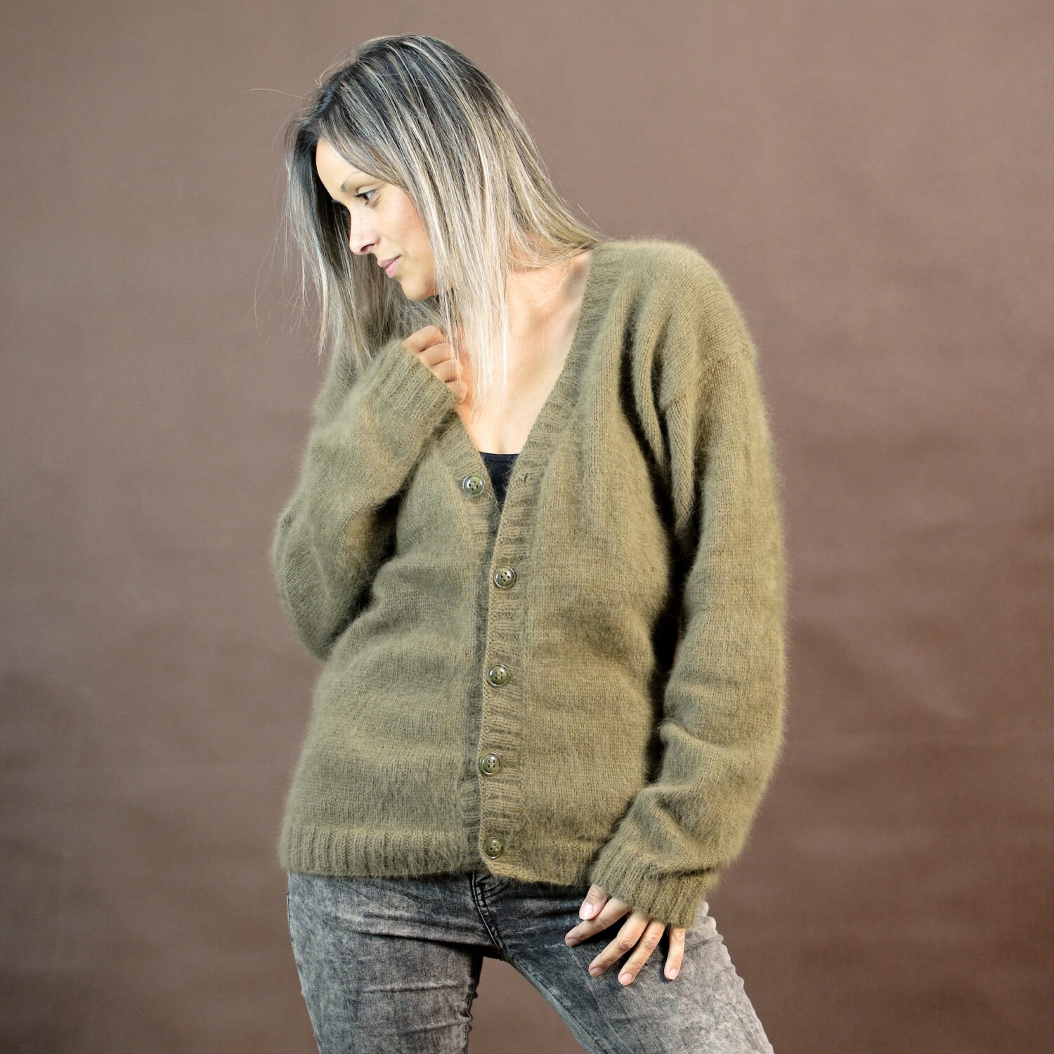 Hand Knit Pure Angora Cardigan Green 