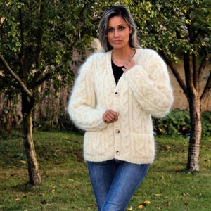 Hand Knitted Mohair Cardigan White Cable Fuzzy Sweater Coat Jumper Jersey Jacket 2 pockets MADE to ORDER by Extravagantza image 3