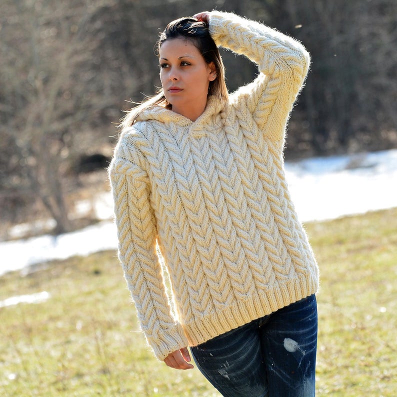 New Hand Knit Wool Sweater Cable White Fuzzy Hooded Jumper | Etsy