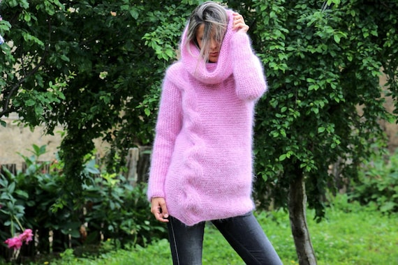 Hand Knitted Mohair Pink Sweater Cable Fuzzy Turtleneck Jumper Pullover Jersey by Extravagantza