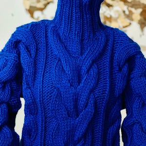Cable Hand Knitted Wool Sweater, Royal Blue Turtleneck jumper, Cable knit Sweater, Thick designer Jersey, by Extravagantza