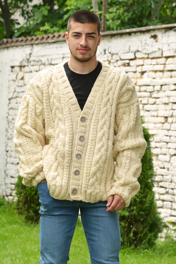 Merino Wool Cardigan Hand Knitted Jacket White Creamy Sweater V neck Soft Cable Coat by EXTRAVAGANTZA Etsy Canada