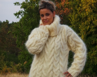 Hand Knit Mohair Turtleneck Sweater Cable Off White Fuzzy Jumper Pullover Jersey by Extravagantza