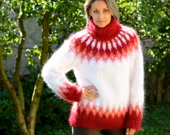 Icelandic Sweater, Hand Knitted Mohair Norwegian Pullover White Red Fuzzy Turtleneck Jumper Jersey by EXTRAVAGANTZA