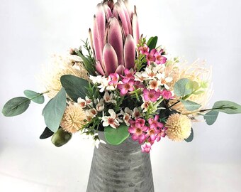 FLOWER ARRANGEMENT Artificial Native Flowers in Vintage Tin Jug - Mothers Day Flowers