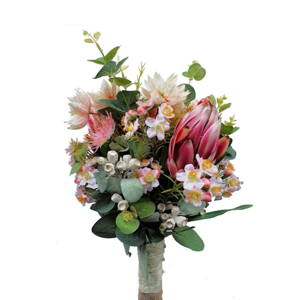 Australian Native Flowers Bridal Bouquet - Artificial Protea, Gum Nuts, Eucalyptus , Wax Flower, Native Wedding Flowers