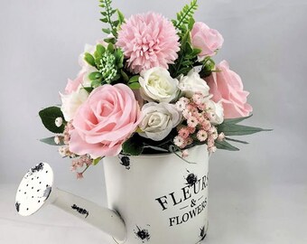 FLOWER ARRANGEMENT Artificial Pink Roses in Watering Can - Get Well Gift - Mothers DayGift