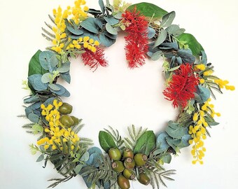 NATIVE WREATH - Colourful Australian Native Flower Wreath Wattle Gum Bottlebrush