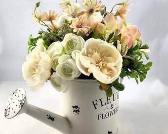 Mothers Day Gift - Artificial Green & Peach Flower Arrangement in Watering Can - Home Decor Flowers