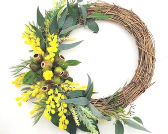 NATIVE WREATH Golden Wattle & Gumnut Wreath Australian Native Flower Door Hanger