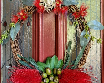 AUSTRALIAN NATIVE WREATH Artificial Red Banksia with Flannel Flowers & Gum Nuts