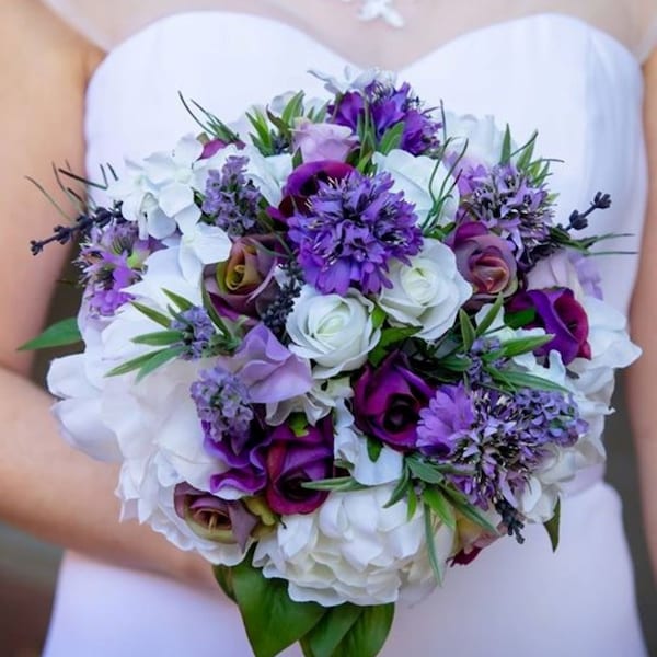 BRIDAL BOUQUET Silk Peonies and Rose Purple Bridal Bouquet with Buttonhole