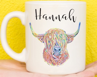 Highland Cow Mug, Cow Lovers Gift, Personalised Farm Animal Mug, Cow Gifts, Cow Presents, Scotland Gift, Scottish Gift, Yak Gift, Birthday