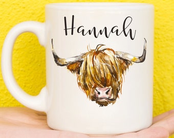 Cow Mug, Highland Cow Mug For Cow Lovers, Personalised Farm Animal Mug, Mothers Day Gifts For Women & Girls, Cow Gifts, Name Mug, Birthday