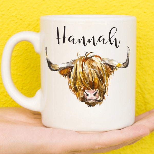 Cow Mug, Highland Cow Mug For Cow Lovers, Personalised Farm Animal Mug, Mothers Day Gifts For Women & Girls, Cow Gifts, Name Mug, Birthday