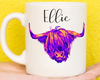 Funky Highland Cow Mug For Cow Lovers, Personalised Farm Animal Mug, Gifts For Women & Girls, Cow Gifts, Scottish, Name Mug, Birthday