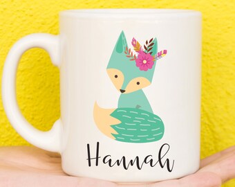 Green Cute Fox Mug, Fox Gifts, Personalised Mugs, Fox Lovers, Custom Mug, Personalised Gift, Cup, Design Coffee Mugs, Name Mug, Birthday