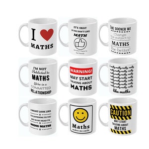 May include: Set of 9 white ceramic mugs with various humorous sayings about math. The mugs feature black, red, and yellow text and graphics.