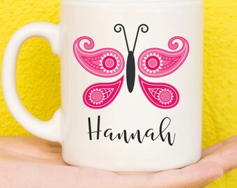Pink Paisley mariposa personalizada taza, regalo de la mariposa, regalos para los amantes de la mariposa