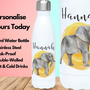Personalised Water Bottle Vacuum Insulated Stainless Steel 500ml, Hot & Cold Gym Bottle, Name, Elephant Gifts, Gifts For Elephant Lovers