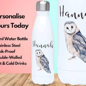 Personalised Water Bottle Vacuum Insulated Stainless Steel 500ml, Hot & Cold Gym Bottle, Name, Owl Gifts, Gifts For Owl Lovers