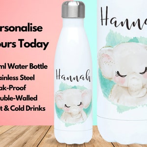 Personalised Water Bottle Vacuum Insulated Stainless Steel 500ml, Hot & Cold Gym Bottle, Name, Elephant Gifts, Gifts For Elephant Lovers