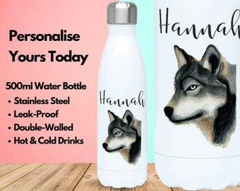 Botella de agua personalizada de acero inoxidable aislado al vacío 500ml, botella de gimnasio, nombre, regalos de lobo, regalos para amantes del lobo, lobos