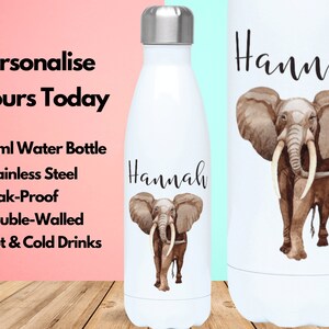 Personalised Water Bottle Vacuum Insulated Stainless Steel 500ml, Hot & Cold Gym Bottle, Name, Elephant Gifts, Gifts For Elephant Lovers
