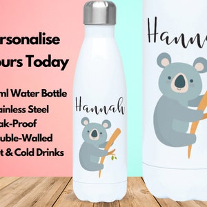 Personalised Water Bottle Vacuum Insulated Stainless Steel 500ml, Hot & Cold Gym Bottle, Name, Koala Gifts, Gifts For Koala Lovers