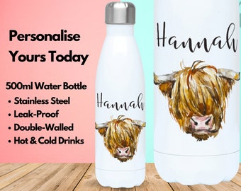 Può includere: Bottiglia d'acqua in acciaio inossidabile personalizzata con un'illustrazione ad acquerello di una mucca Highland e il nome "Hannah". La bottiglia ha una capacità di 500 ml, è a doppia parete, a tenuta stagna e mantiene le bevande calde o fredde.