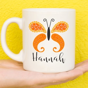 Orange Paisley Butterfly Personalised Mug, Butterfly Gift, Gifts For Butterfly Lovers
