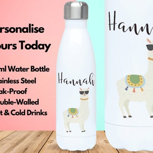 Personalised Water Bottle Vacuum Insulated Stainless Steel 500ml, Hot & Cold Gym Bottle, Name, Glasses Llama Gifts, Gifts For Llama Lovers