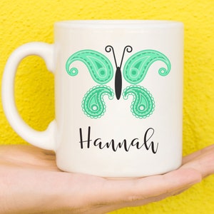 Green Paisley Butterfly Personalised Mug, Butterfly Gift, Gifts For Butterfly Lovers