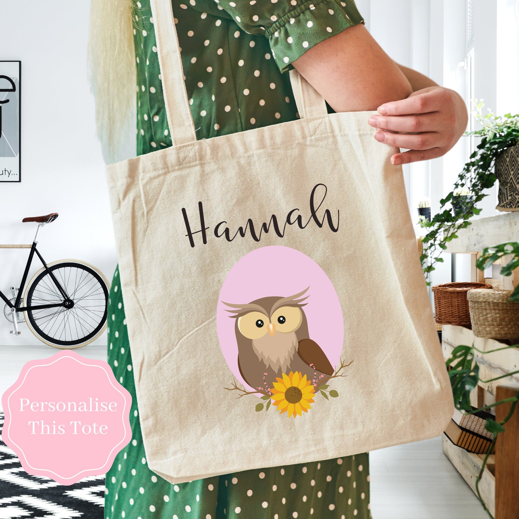Garden Owl Tote Bag, Personalised Tote Bag For Owl Lovers, Owl Gifts, Reusable Shopping Bag, Mothers