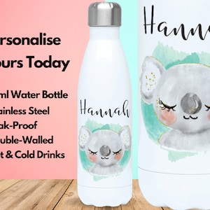 Personalised Water Bottle Vacuum Insulated Stainless Steel 500ml, Hot & Cold Gym Bottle, Name, Koala Gifts, Gifts For Koala Lovers