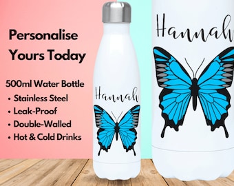 Kolibri Edelstahl-Wasserflasche 600 Ml – Isoliert, Mit Strohhalm, Motiv Wisteria Magnolie Schmetterlinge