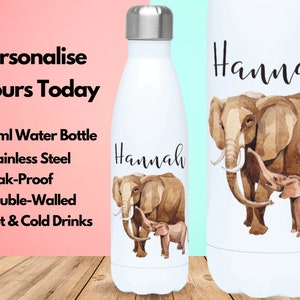 Personalised Water Bottle Vacuum Insulated Stainless Steel 500ml, Hot & Cold Gym Bottle, Name, Elephant Gifts, Gifts For Elephant Lovers