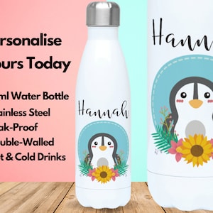 Personalised Water Bottle Vacuum Insulated Stainless Steel 500ml, Hot & Cold Gym Bottle, Name, Penguin Gifts, Gifts For Penguin Lovers