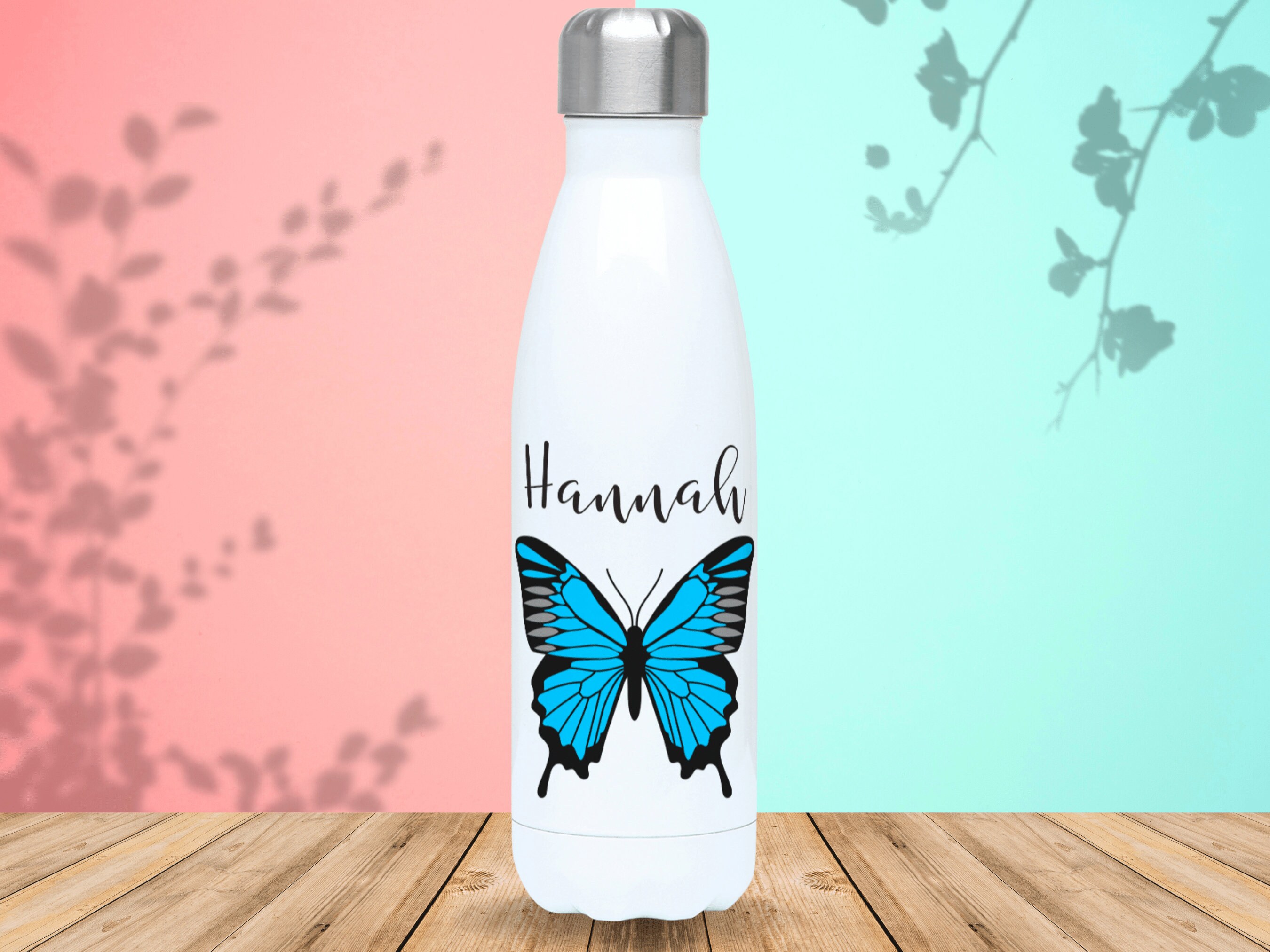 Kolibri Edelstahl-Wasserflasche 600 Ml – Isoliert, Mit Strohhalm, Motiv Wisteria Magnolie Schmetterlinge