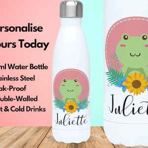パーソナライズされたウォーターボトル 真空断熱ステンレススチール 500ml、ホット＆コールドジムボトル、名前、カエルギフト、カエル愛好家へのギフト