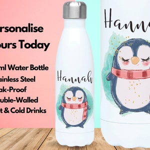 Personalised Water Bottle Vacuum Insulated Stainless Steel 500ml, Hot & Cold Gym Bottle, Name, Penguin Gifts, Gifts For Penguin Lovers