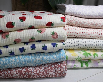 100% Cotton Gauze Fabric by the Yard, 60 Inch Wide, Mini Floral Fruit Bow Print, Strawberry, Kim's Fabric Baby Clothing Fabric made in Korea