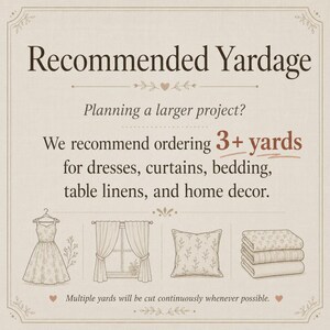 May include: An informational graphic titled Recommended Yardage with text advising to order 3+ yards for dresses, curtains, bedding, table linens, and home decor. Includes illustrations of a dress, curtains, a pillow, and folded fabric stacks.