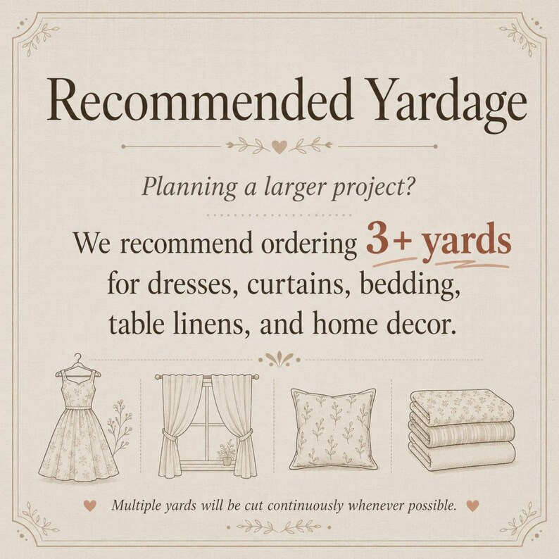 May include: An informational graphic titled Recommended Yardage with text advising to order 3+ yards for dresses, curtains, bedding, table linens, and home decor. Includes illustrations of a dress, curtains, a pillow, and folded fabric stacks.