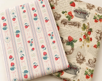 Strawberry Linen Fabric, Vintage Botanical or Ribbon Stripe Print, 11s Plain Weave, 55 Inches Wide
