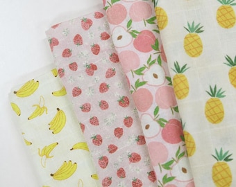 Fruits Double Gauze Cotton Fabric by the Yard, 61" Wide Strawberry Pineapple Banana Peaches Muslin Fabric for Baby Blanket, Bib, Burp Cloth