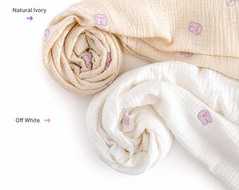 Embroidered Bunny Triple Gauze Cotton Fabric by the Yard, Crinkle Muslin, 59" Wide, 2 Colors laceking2013