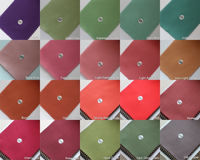 Puede incluir: Una carta de colores con 18 muestras de tela, cada una con un color diferente y un n&uacute;mero. Los colores incluyen morado, verde, rosa, naranja, rojo y marr&oacute;n.