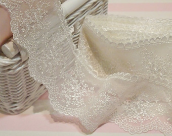 14Yds Embroidery scalloped mesh net eyelet lace trim 7.5cm(2.9") White-Ivory YH1009 laceking2013